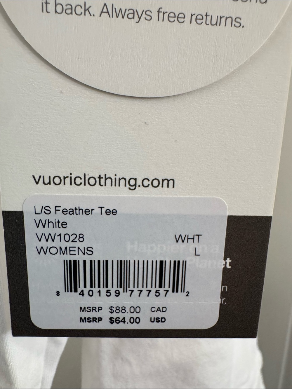 Vuori long sleeve feather tee white size Large NWT $64 - Picture 3 of 11